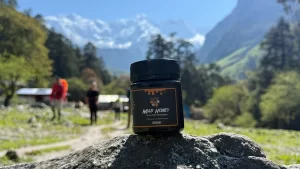 Authentic Himalayan mad honey jar showcasing premium wild harvest from Nepal mountains